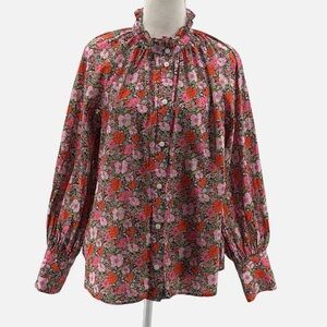J. Crew x Liberty Fabric Ruffle Neck Button Front Blouse in Meadow Song - Size 8